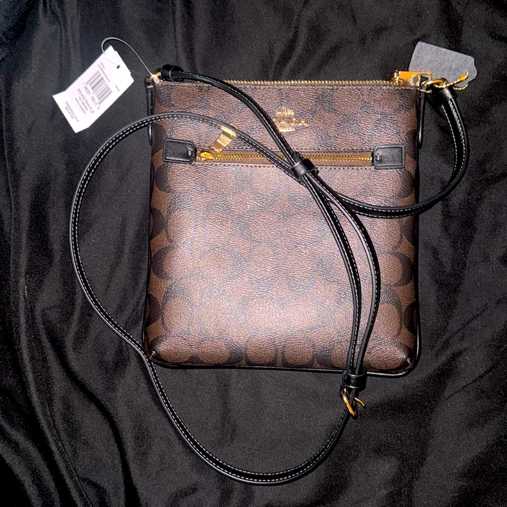 NWT Coach Leather Signature Mini Rowan Crossbody Shoulder Bag Brown x Black New
